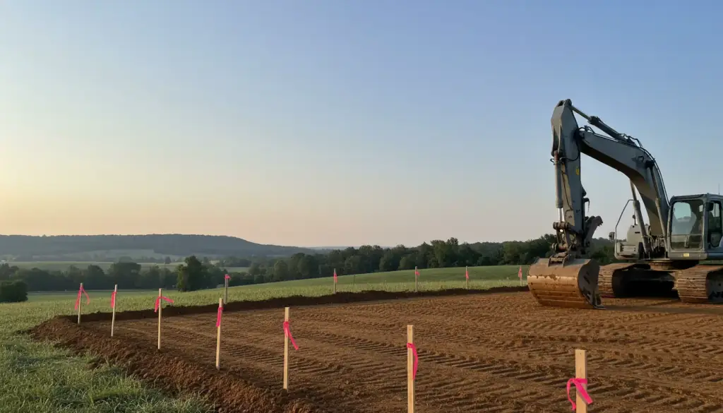 Lath survey stakes with pink flagging along a freshly graded clay pad