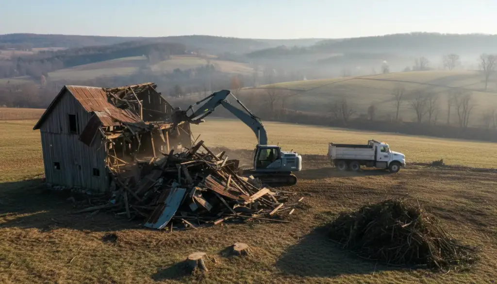 An old barn frame coming down beside a debris pile and a dump truck