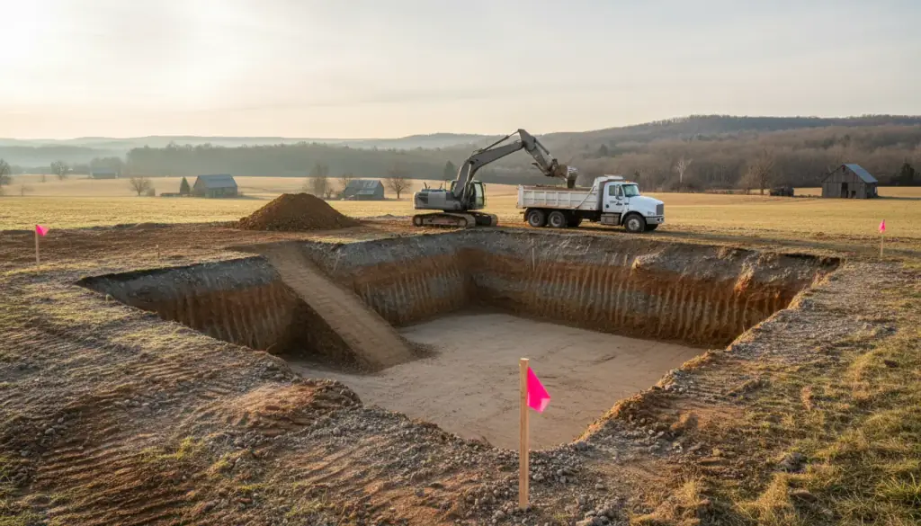 A squared foundation excavation with straight clay walls and a ramp cut down one side