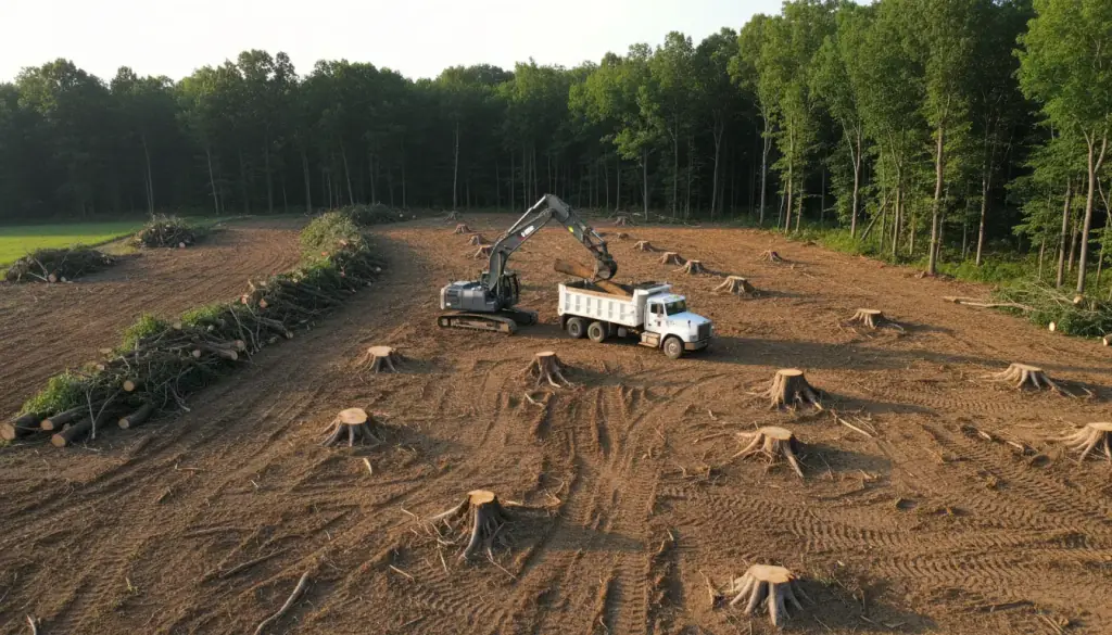 Pulled stumps and a stacked log pile on a cleared wooded lot