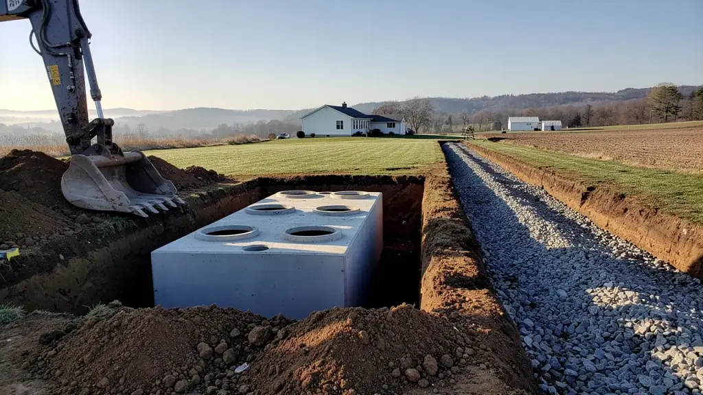 A precast concrete septic tank set level beside a washed-stone drain-field trench