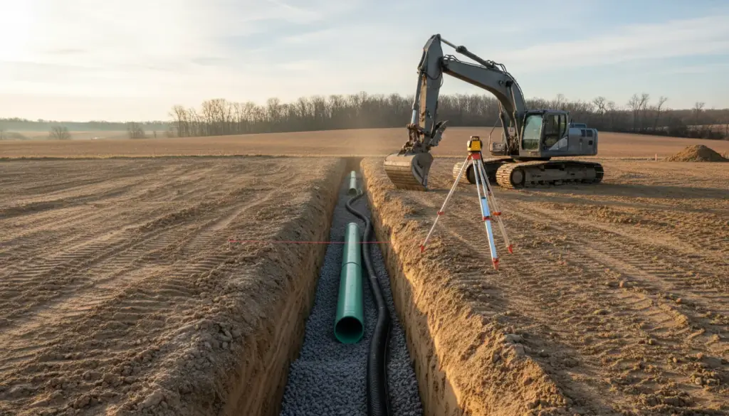 An open trench with green PVC sewer pipe and black corrugated storm pipe on washed stone